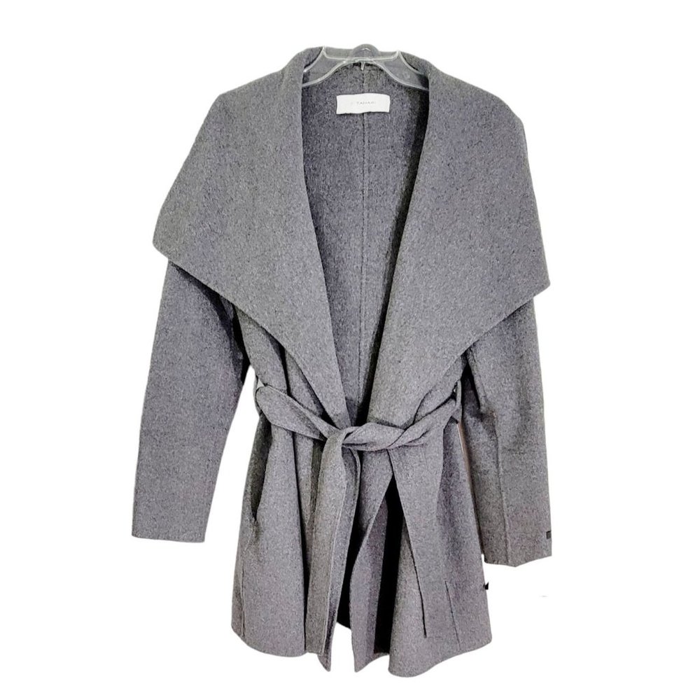 Tahari Womens Gray Wool Blend Wrap Coat Belted Tie Waist Long Sleeve Size Large - Picture 1 of 7